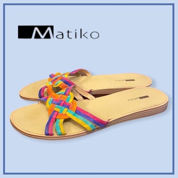 Matiko Shoes - Matiko Leather Woven Rainbow Slide Flat Sandals EU 39, US 8
